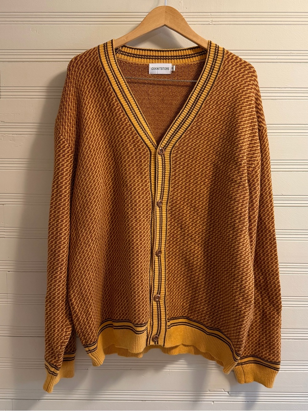 Oxn Knit Store Mustard Brown Cotton Grandpa Cardigan Sweater Cottagecore XL
